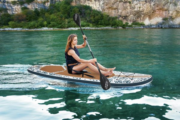 Hydro-Force Oceana 10 Ft. Inflatable Convertible Stand-up Paddle Board and Sit-on Kayak Set， Wood and Palm Print - Image 3