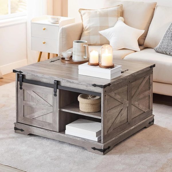 HOOBRO Farmhouse Coffee Table for Living Room with Single Sliding Barn Door Lift Top and Hidden Space Gray BG80KF01 - Image 2