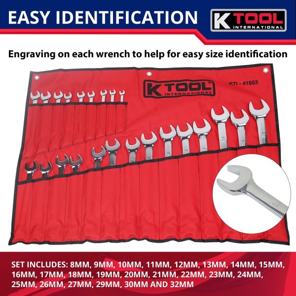 K Tool International 41803 Metric Combination Wrench Set for Garages, Repair Shops, and DIY, Chrome Plated, 12-point, Laser Engraved, Corrosion/Rust Resistant, 8-32mm Wrenches, 23-slot Sleeve - Image 7