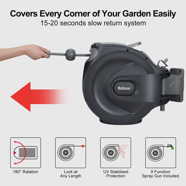 Guitrees Retractable Garden Hose Reel 1/2u201d 115FT+6FT With Cover, Slow Return System, Any Length Lock, Wall Mounted, 9 Function Nozzle and 180u00b0Swivel Bracket (Grey) - Image 6