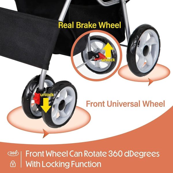 Foldable Pet Stroller, Cat/Dog Stroller with 4 Wheel, Pet Travel Carrier Strolling Cart with Storage Basket, Cup Holder, Black - Image 3