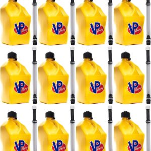 VP Racing 5.5-Gallon Square Motorsport Racing Utility Liquid Fuel Container Jug and 14 In Deluxe Hose Kit and Multipurpose Cap, Yellow 12 Pack
