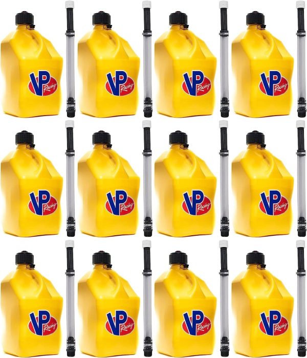 VP Racing 5.5-Gallon Square Motorsport Racing Utility Liquid Fuel Container Jug and 14 In Deluxe Hose Kit and Multipurpose Cap, Yellow 12 Pack