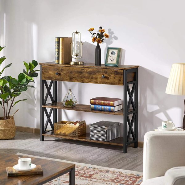 Console Table with Drawer, Entryway Table with 3 Tier Storage Shelves, Narrow Long Sofa Table for Entryway, Living Room, Hallway, Couch, Kitchen, Metal Frame, Brown - Image 6