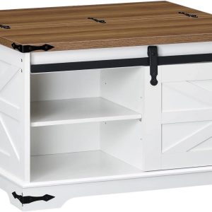 HOOBRO Farmhouse Coffee Table for Living Room with Single Sliding Barn Door Lift Top and Hidden Space White and Walnut WH80KF01