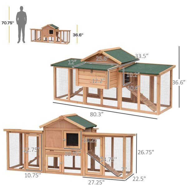 PawHut 80" Chicken Coop, Wooden Outdoor Chicken Cage Poultry Hen House with Nesting Box, Double Runs, Removable Tray, Ramps, for Garden Backyard - Image 7