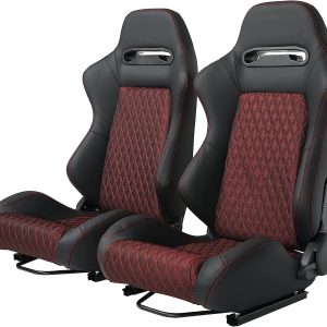 Universal Set of 2 Racing Seats Pair Black Leather Reclinable Bucket Sport Seats