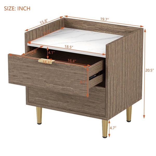 Ecarpat Wooden Nightstand with 2 Drawers, Bedside Table with Metal Legs&Handles, Side Table with Marbling Worktop for Living Room Bedroom, Walnut - Image 2