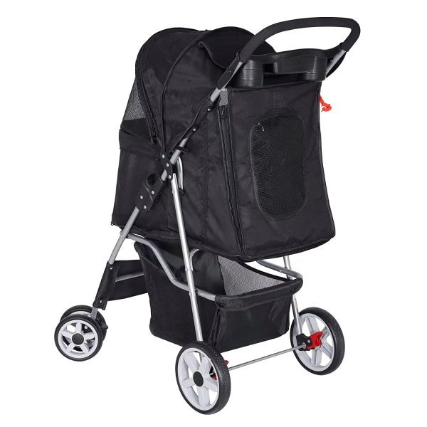 Foldable Pet Stroller, Cat/Dog Stroller with 4 Wheel, Pet Travel Carrier Strolling Cart with Storage Basket, Cup Holder, Black - Image 8