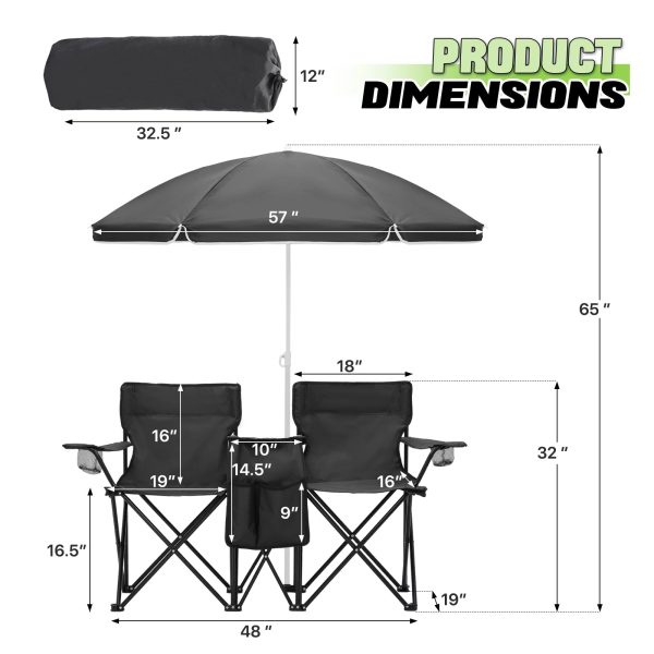 Magshion Portable Double Folding Chair with Removable Umbrella, Cooler Bag & Carry Bag, for Beach Camping Picnic, Black - Image 2