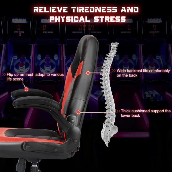 Ergonomic Computer Gaming Chair - Home Office Desk with PU Leather Lumbar Support, Height Adjustable Big and Tall Video Game with Flip-up Armrest, Swivel Wheels for Adults and Teens - Image 4