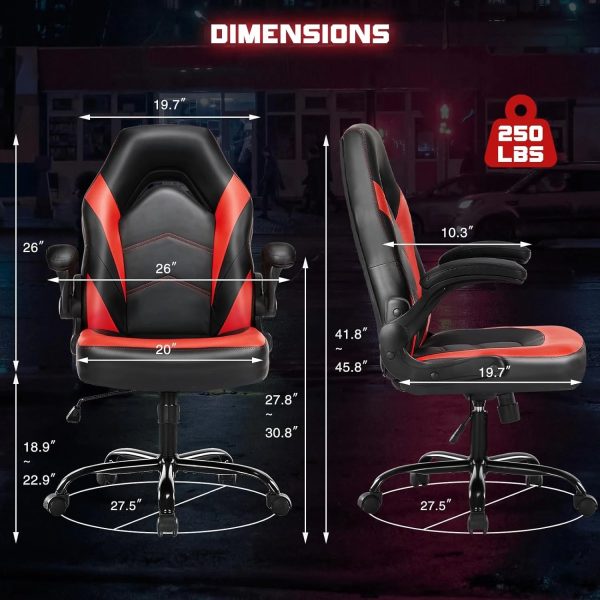 Ergonomic Computer Gaming Chair - Home Office Desk with PU Leather Lumbar Support, Height Adjustable Big and Tall Video Game with Flip-up Armrest, Swivel Wheels for Adults and Teens - Image 2
