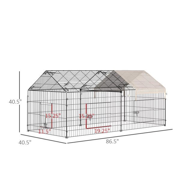 PawHut Catio Metal Chicken Coop, 86.5" x 40.5" Portable Small Animal Playpen for Rabbit, Outdoor Dog Kennel with Water-resistant Cover, Beige - Image 3