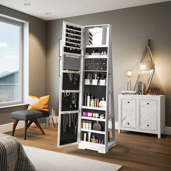 Dextrus Mirror Jewelry Cabinet 360° Rotating Jewelry Armoire Storage Box w/ Full Length Mirror Jewelry Organizer - White - Image 3