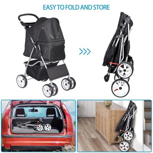 Foldable Pet Stroller, Cat/Dog Stroller with 4 Wheel, Pet Travel Carrier Strolling Cart with Storage Basket, Cup Holder, Black - Image 5