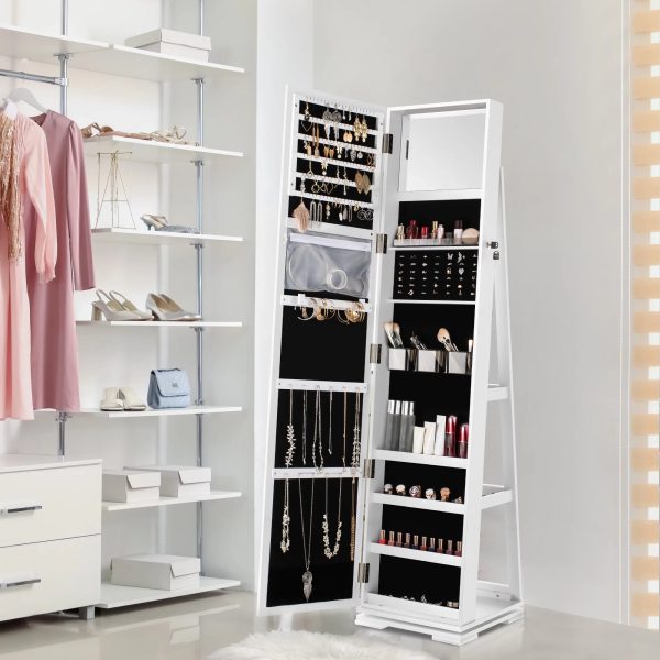 Dextrus 360° Swivel Jewelry Cabinet, Lockable Standing Jewelry Armoire with Full-Length Mirror, Rear Storage Shelves, White - Image 6