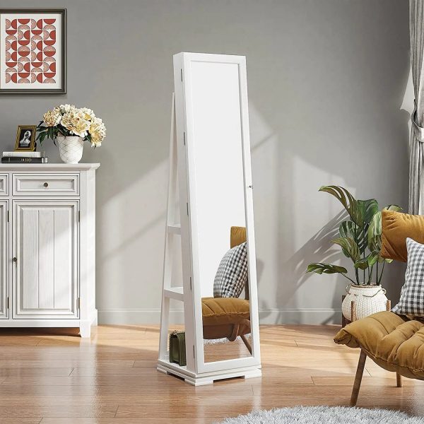 Dextrus 360° Swivel Jewelry Cabinet, Lockable Standing Jewelry Armoire with Full-Length Mirror, Rear Storage Shelves, White - Image 10