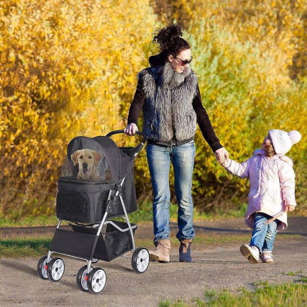 Foldable Pet Stroller, Cat/Dog Stroller with 4 Wheel, Pet Travel Carrier Strolling Cart with Storage Basket, Cup Holder, Black - Image 2