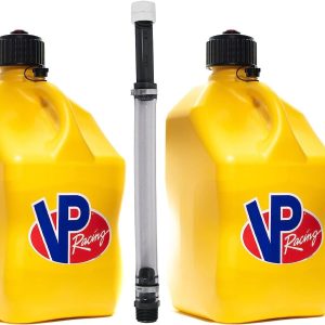 VP Racing 5.5-Gallon Square Motorsport Racing Utility Liquid Fuel Container Jug and 14 In Deluxe Hose Kit and Multipurpose Cap, Yellow 2 Pack