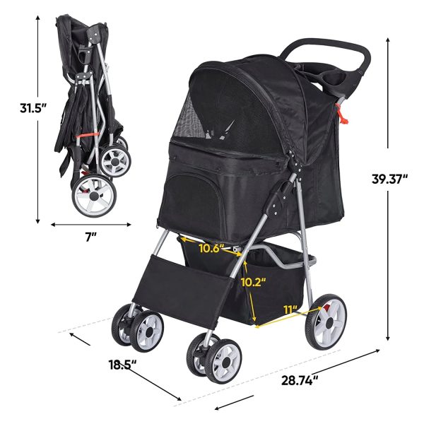Foldable Pet Stroller, Cat/Dog Stroller with 4 Wheel, Pet Travel Carrier Strolling Cart with Storage Basket, Cup Holder, Black - Image 4