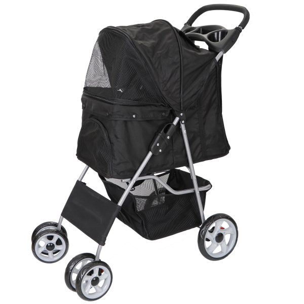 HomGarden 4 Wheel Pet Dog Stroller Foldable Carrier Strolling Cart for Small Dog Cat W/Storage Basket & Cup Holder, Black - Image 5