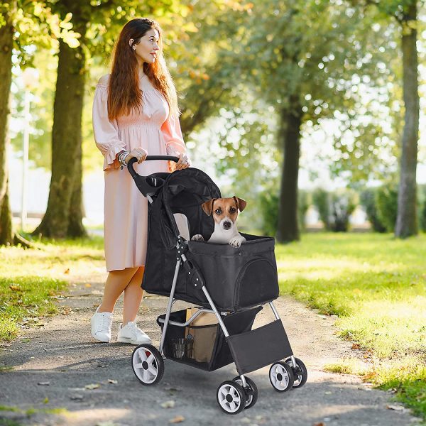 Foldable Pet Stroller, Cat/Dog Stroller with 4 Wheel, Pet Travel Carrier Strolling Cart with Storage Basket, Cup Holder, Black - Image 6