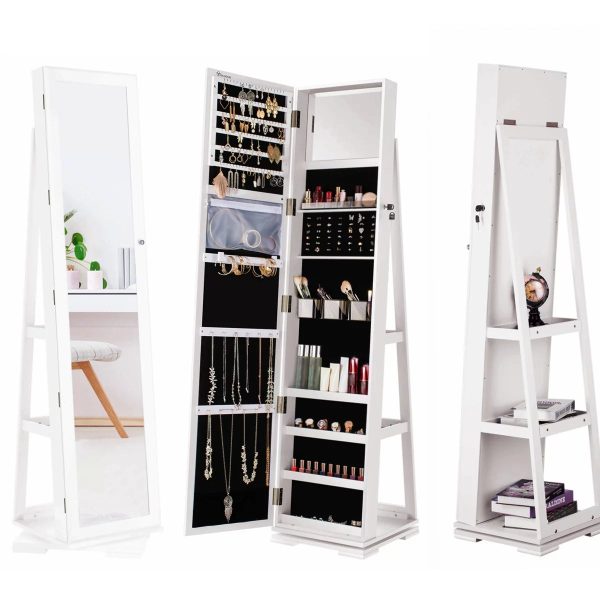 Dextrus 360° Swivel Jewelry Cabinet, Lockable Standing Jewelry Armoire with Full-Length Mirror, Rear Storage Shelves, White - Image 5