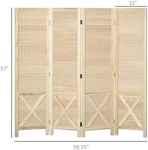 CHFBC 4 Panel Pegboard Display Room Divider 4.7' Tall Wood Indoor Portable Folding Privacy Screen Partition Wall Divider for Home Office Natural - Image 3