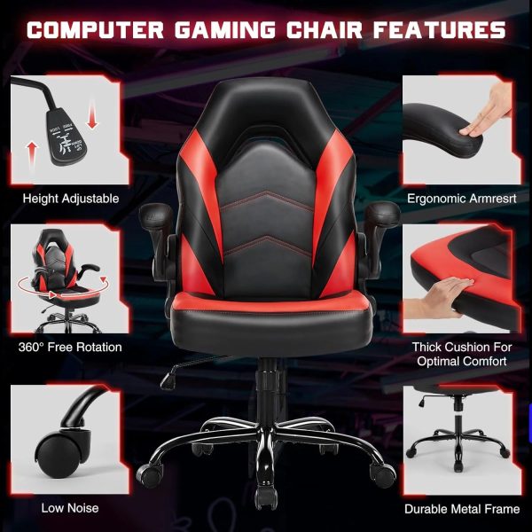 Ergonomic Computer Gaming Chair - Home Office Desk with PU Leather Lumbar Support, Height Adjustable Big and Tall Video Game with Flip-up Armrest, Swivel Wheels for Adults and Teens - Image 5