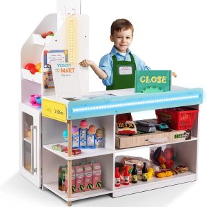 BRINJOY Grocery Store Pretend Play, Kids Play Store Wooden Market Stand with LED Lights&Acrylic Sheet, Supermarket Toy Includes Shopping Bag, Apron, Coupons, Cards for Children