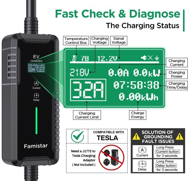 Famistar EV Charger, Level 2 Portable Electric Vehicle Car Charger Charging Station, 14-50 Plug, 32 Amp, 100-240V, 25FT Model, IP65 Waterproof, 0.96” LCD Screen, UL Recognized, for SAE J1772 EV - Image 5