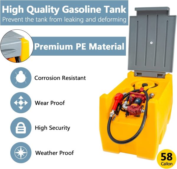 TECSPACE 58 Gallon Gasoline Tank, Portable Fuel Tank with 12V Electric Fuel Transfer Pump, 40 GPM Gasoline Fuel Tank with 4 Meters Hose for Gasoline Transportation (Yellow, 58 gal) - Image 2
