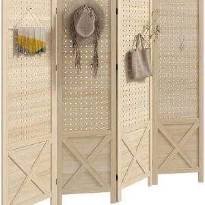 CHFBC 4 Panel Pegboard Display Room Divider 4.7' Tall Wood Indoor Portable Folding Privacy Screen Partition Wall Divider for Home Office Natural
