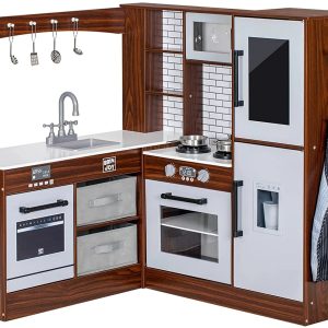 BRINJOY Corner Play Kitchen for Kids, Wooden Toddler Kitchen Playset w/ Faucet, Sink, Microwave, Oven, Apron, Blackboard, Storage Cabinets, Pretend Cooking Toys w/ Sound & Light Gift for Ages 3+