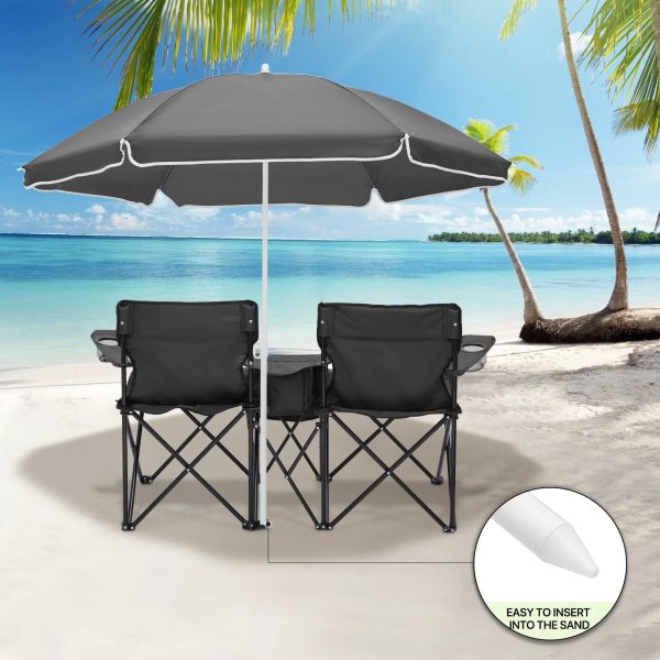 Magshion Portable Double Folding Chair with Removable Umbrella, Cooler Bag & Carry Bag, for Beach Camping Picnic, Black - Image 6