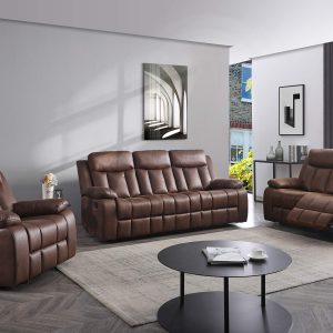 Betsy Furniture 3-PC Microfiber Fabric Recliner Set Living Room Set in Brown, Sofa Loveseat Chair Pillow Top Backrest and Armrests 8028 (Living Room Set 3+2+1)