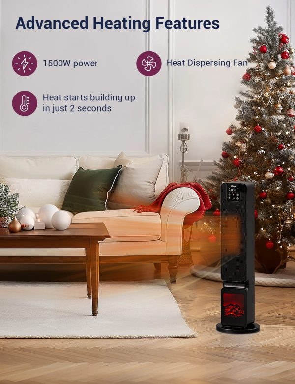DELLA 26" 1500W PTC Fast and Quiet Ceramic Portable Electric Space Heaters with Realistic 3D Flame & Fire Crackling Sound, 3 Modes, Eco, LED Display, Remote, Safety Indoor Room Tower Heater Fan, Black - Image 3