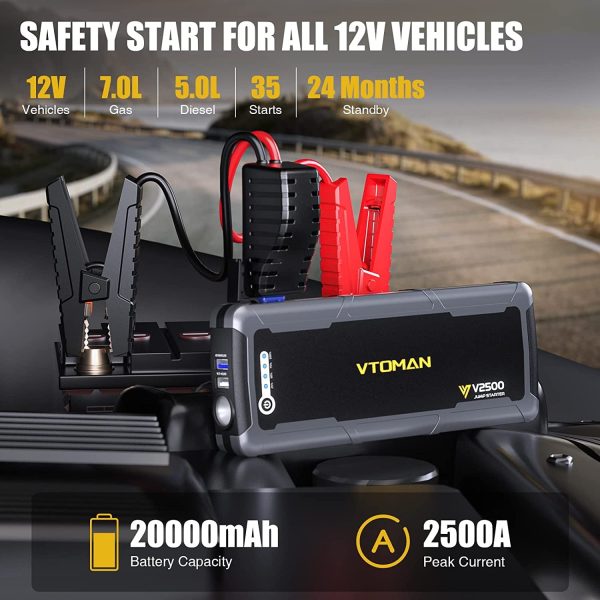 VTOMAN Car Jump Starter, Portable 2500A Peak 12V Battery Jump Starter with 3.0 Quick Charge, Powerful Battery Booster Power Pack (Up to 8.0L Gas & 6.0L Diesel Engine) - Image 2