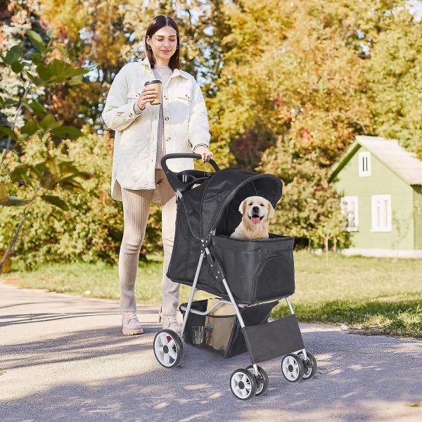 Foldable Pet Stroller, Cat/Dog Stroller with 4 Wheel, Pet Travel Carrier Strolling Cart with Storage Basket, Cup Holder, Black - Image 9