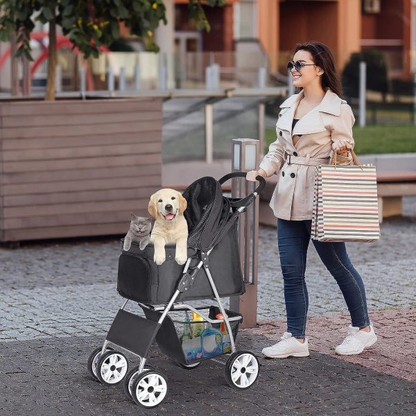 Foldable Pet Stroller, Cat/Dog Stroller with 4 Wheel, Pet Travel Carrier Strolling Cart with Storage Basket, Cup Holder, Black - Image 8