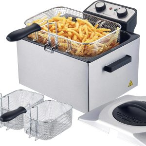 Electric Deep Fryer with Basket for Home Use, Lid with Viewing Window and Odorless Filter, Adjustable Temperature, 5.3 Quart, Stainless Steel
