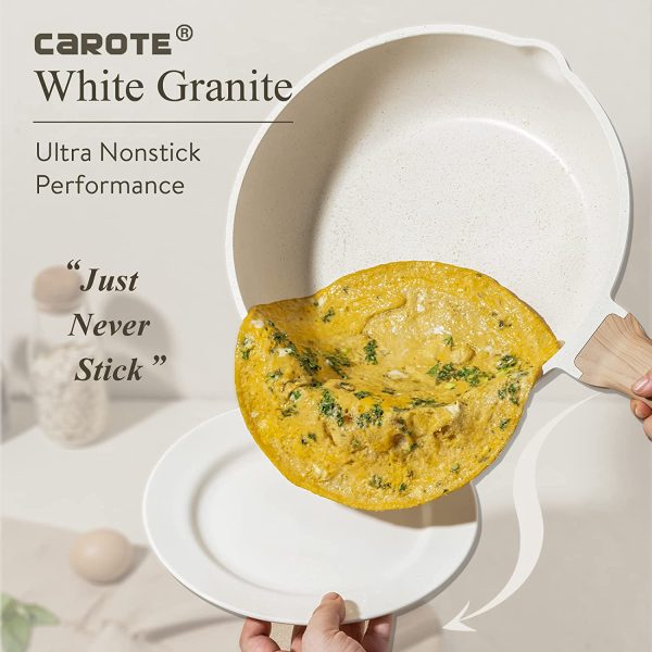 CAROTE C01520 Pots and Pans Set Nonstick， White Granite Induction Kitchen Cookware Sets， 10 Pcs Non Stick Cooking Set w/ Frying Pans and Saucepans(PFOS ， PFOA Free) - Image 4