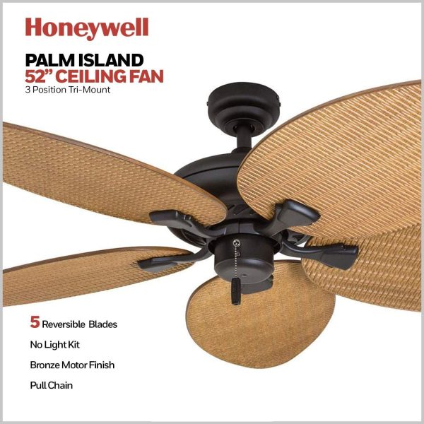 Honeywell Palm Valley 52" Bronze Tropical Ceiling Fan with 5 Palm Blades, 4 Arm Light Kit, Pull Chains & Reverse Airflow - Image 8