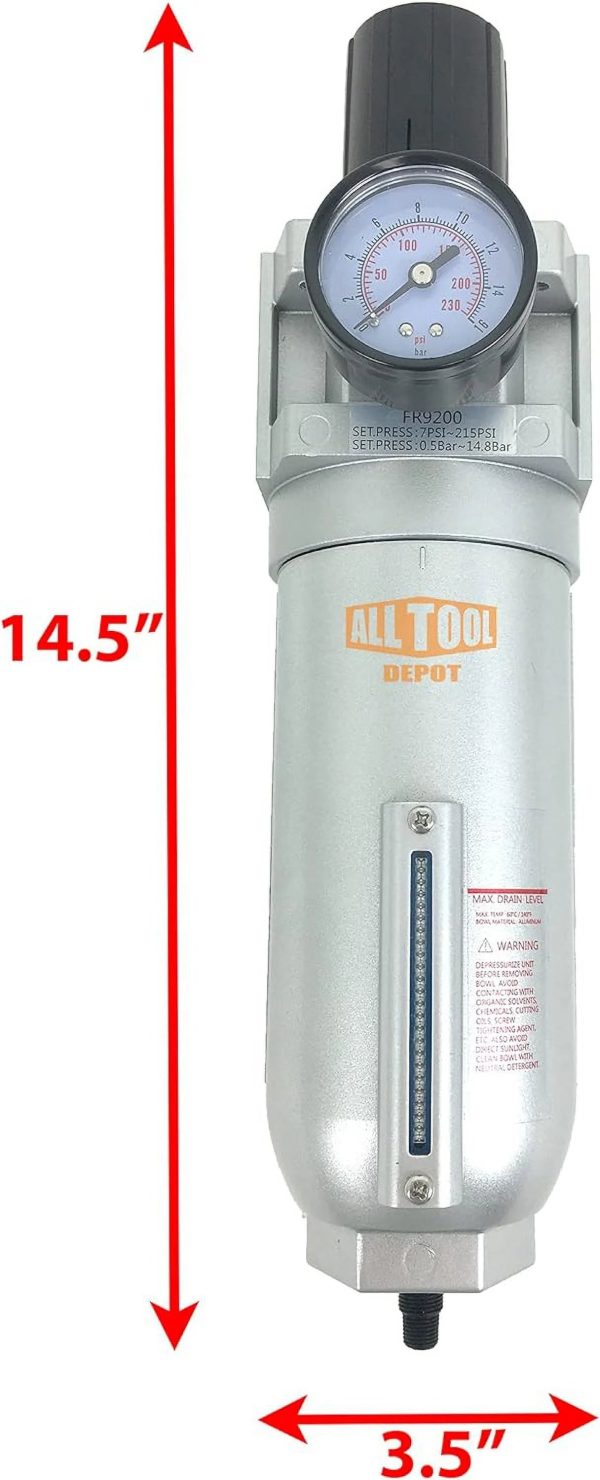 NPT SUPER DUTY Compressed Air In Line Filter Regulator Combo Piggyback, Metal Bowl, 5 Micron , Adjustable From 7 To 175 PSI (AUTO DRAIN) - Image 2