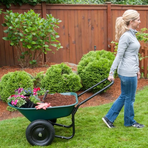 Garden Star Dual Wheel， Poly Tray Yard Rover Wheelbarrow， Green - Image 5