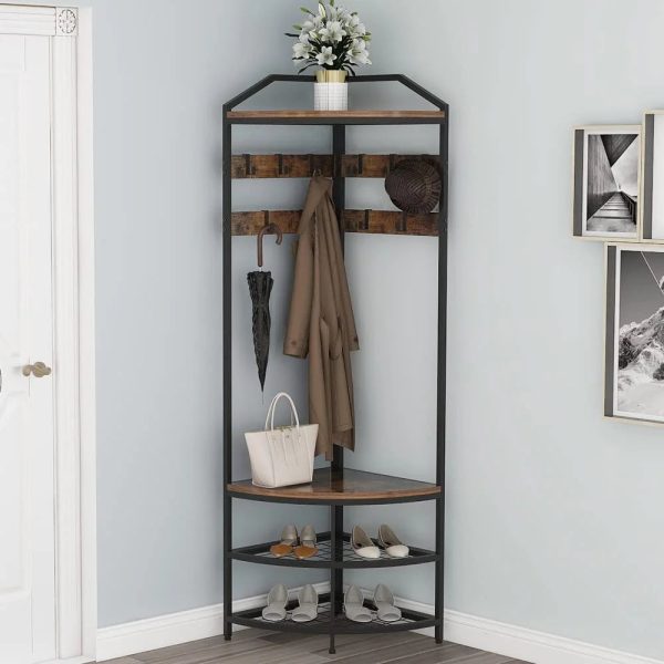 HBROLJF Corner Hall Tree with Shoe Bench Entryway Coat Rack with 10 Metal Movable Hooks Freestanding Shoes Organizer for Home Office Bedroom (Rustic Brown) - Image 4