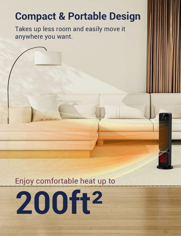 DELLA 26" 1500W PTC Fast and Quiet Ceramic Portable Electric Space Heaters with Realistic 3D Flame & Fire Crackling Sound, 3 Modes, Eco, LED Display, Remote, Safety Indoor Room Tower Heater Fan, Black - Image 2