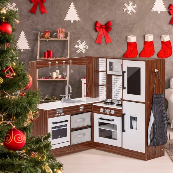 BRINJOY Corner Play Kitchen for Kids, Wooden Toddler Kitchen Playset w/ Faucet, Sink, Microwave, Oven, Apron, Blackboard, Storage Cabinets, Pretend Cooking Toys w/ Sound & Light Gift for Ages 3+ - Image 9