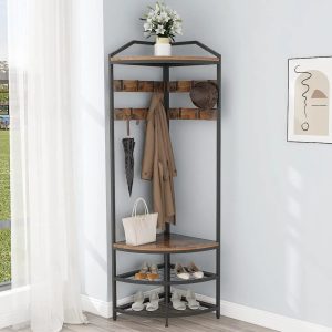 HBROLJF Corner Hall Tree with Shoe Bench Entryway Coat Rack with 10 Metal Movable Hooks Freestanding Shoes Organizer for Home Office Bedroom (Rustic Brown)