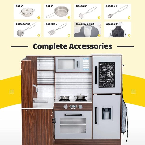 BRINJOY Corner Play Kitchen for Kids, Wooden Toddler Kitchen Playset w/ Faucet, Sink, Microwave, Oven, Apron, Blackboard, Storage Cabinets, Pretend Cooking Toys w/ Sound & Light Gift for Ages 3+ - Image 6